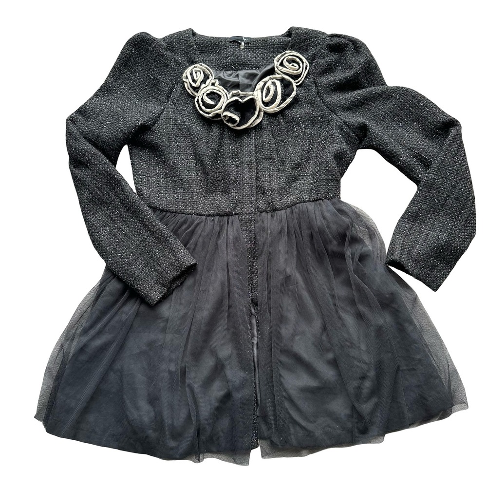 Ryu Tulle Dress Size L Gray Black Tweed Rosettes Crew Neck Casual Party/Cocktail